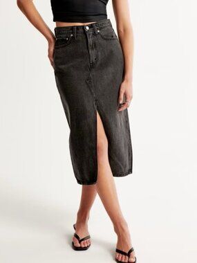 Abercrombie & Fitch High Rise Black Denim Midi Skirt With Front Slit